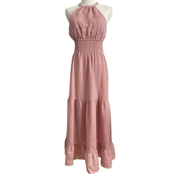 Express Pink Smocked Halter Dress Small Tiered Ruffle Fairycore Boho Cottagecore - Picture 4 of 11